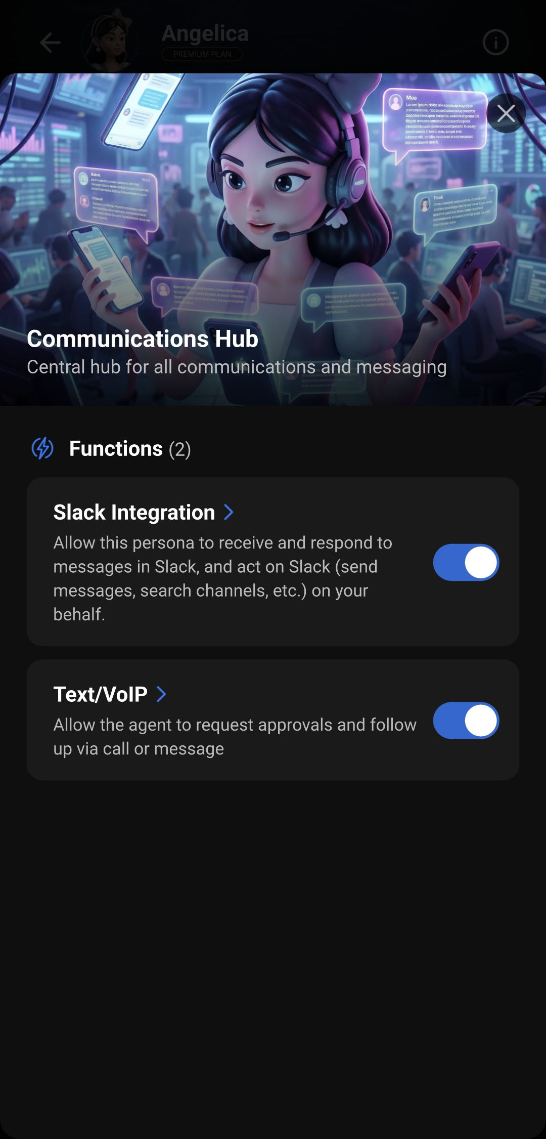 Communications Hub ability screen — Slack Integration and Text/VoIP
