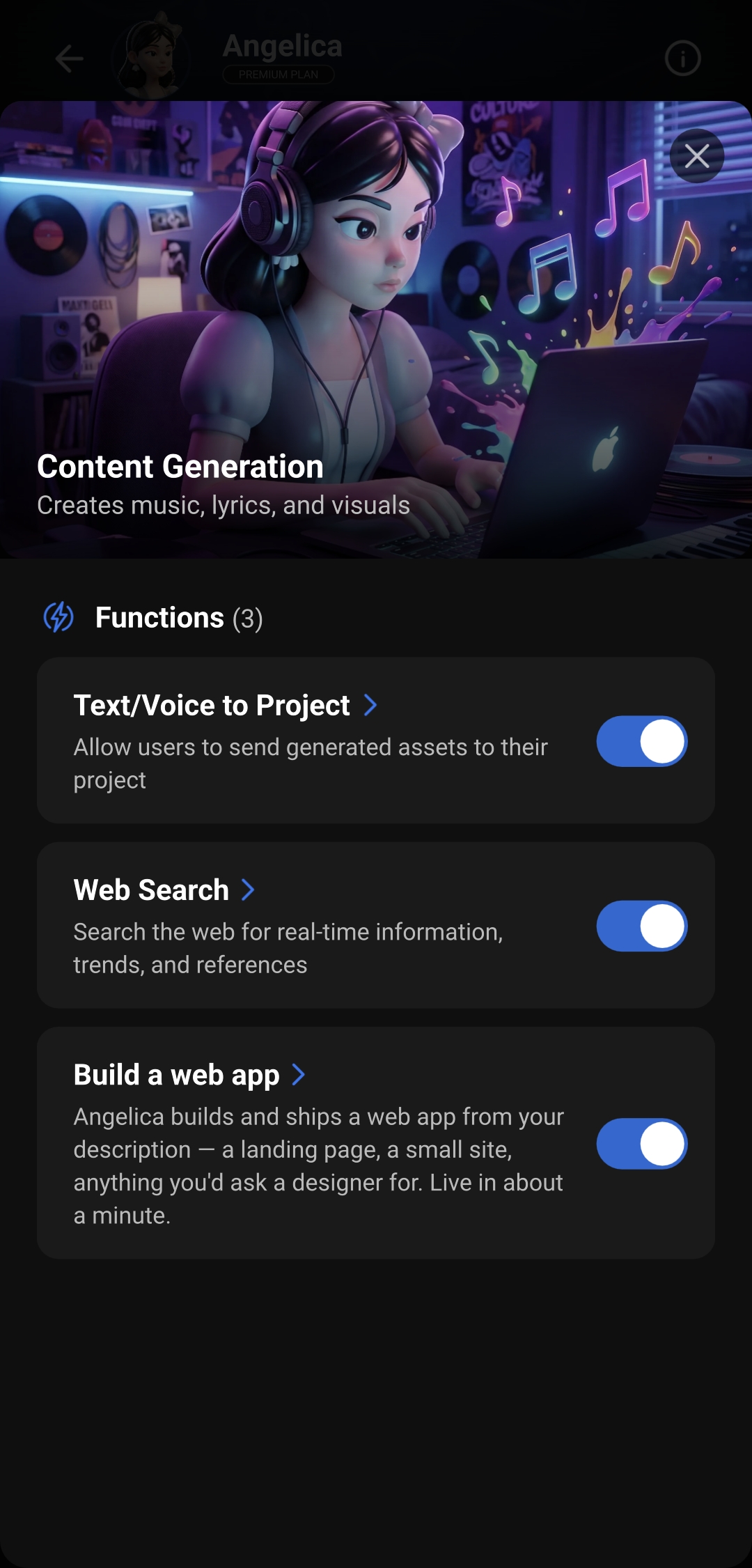 Content Generation ability screen — Text/Voice to Project, Web Search, and Build a web app
