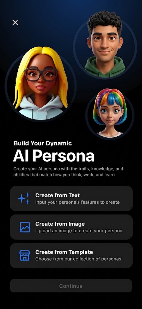 The Build Your AI Persona screen with options to create the persona from text, an image, or a template