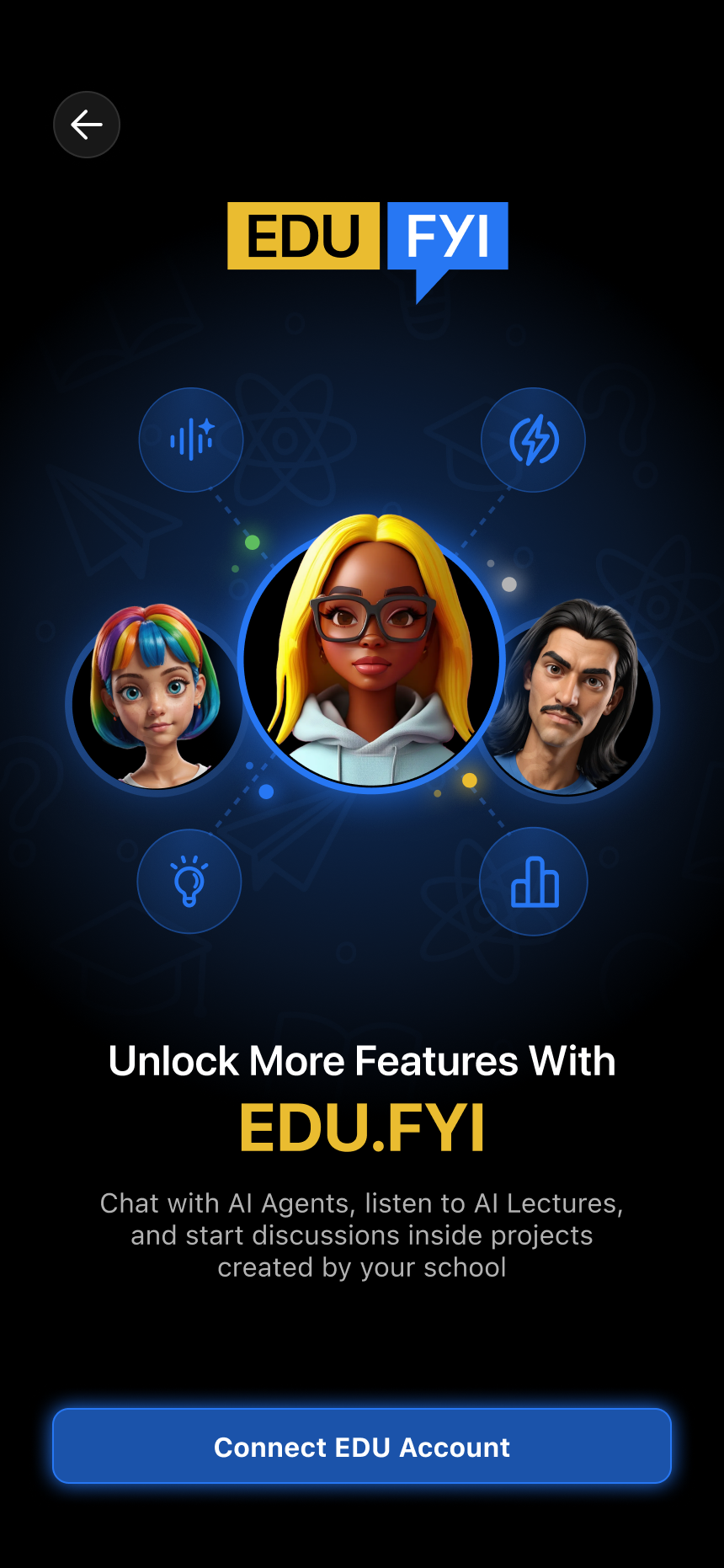 The FYI welcome screen reading 'Unlock More Features With EDU.FYI' with a Connect EDU Account button