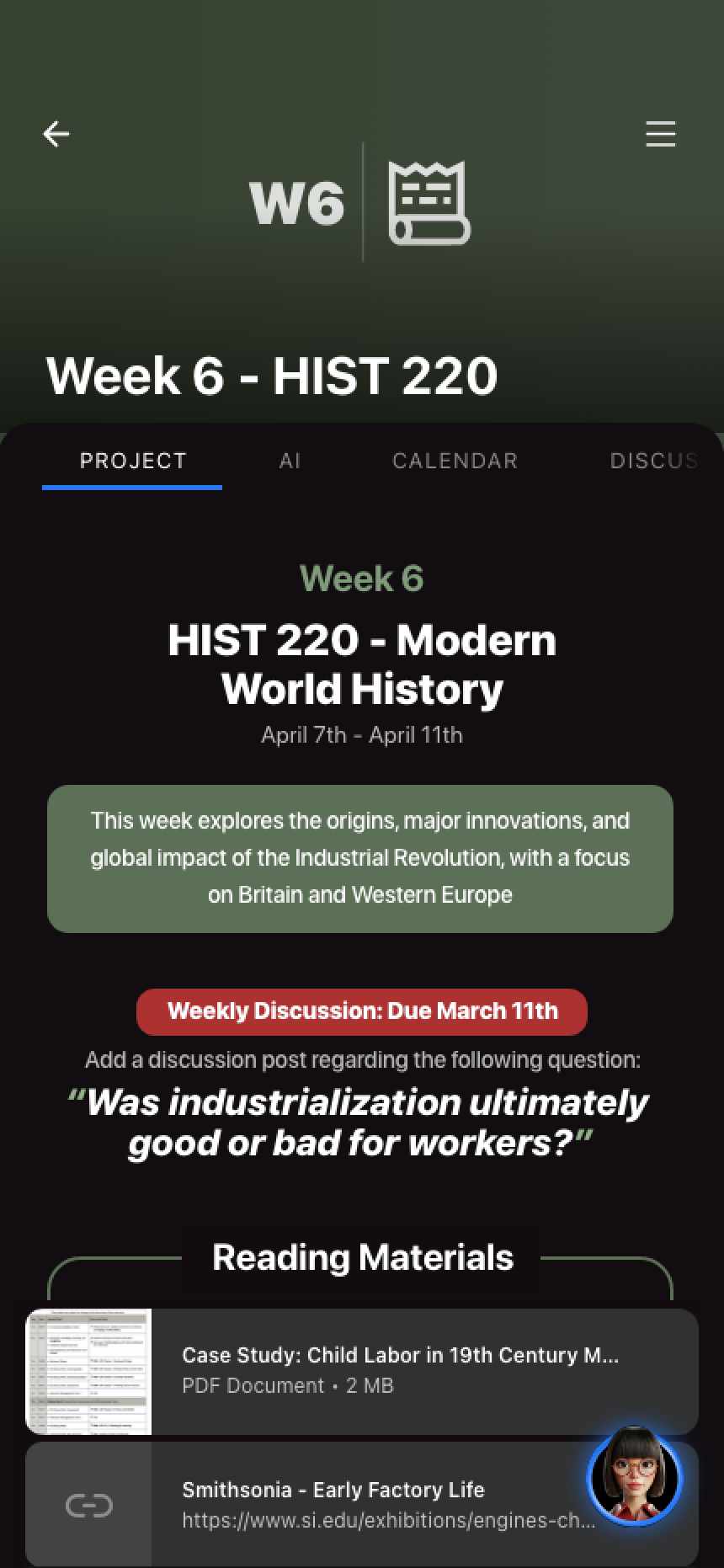 A course project workspace with Project, AI, Calendar, and Discussion tabs and an AI widget the agent can join