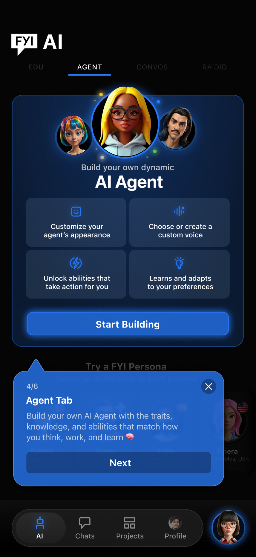 The Agent tab with a 'Build your own dynamic AI Agent' card and a coach-mark tooltip explaining it