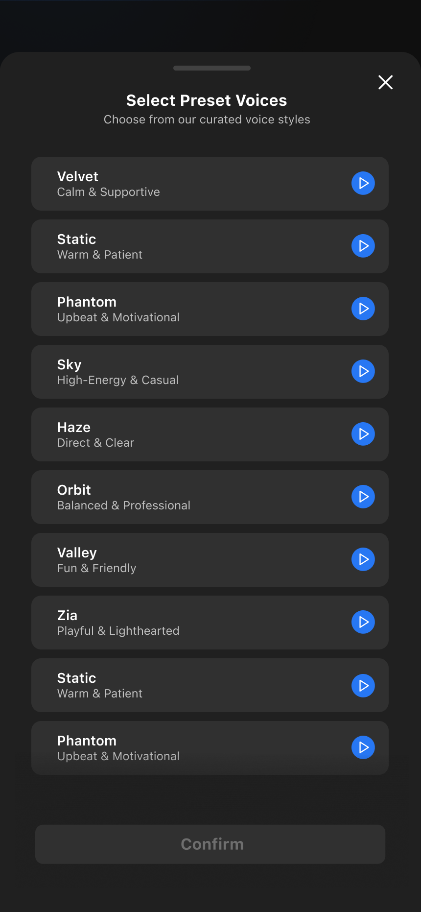 The Preset Voices menu where you can preview and pick a voice for your agent