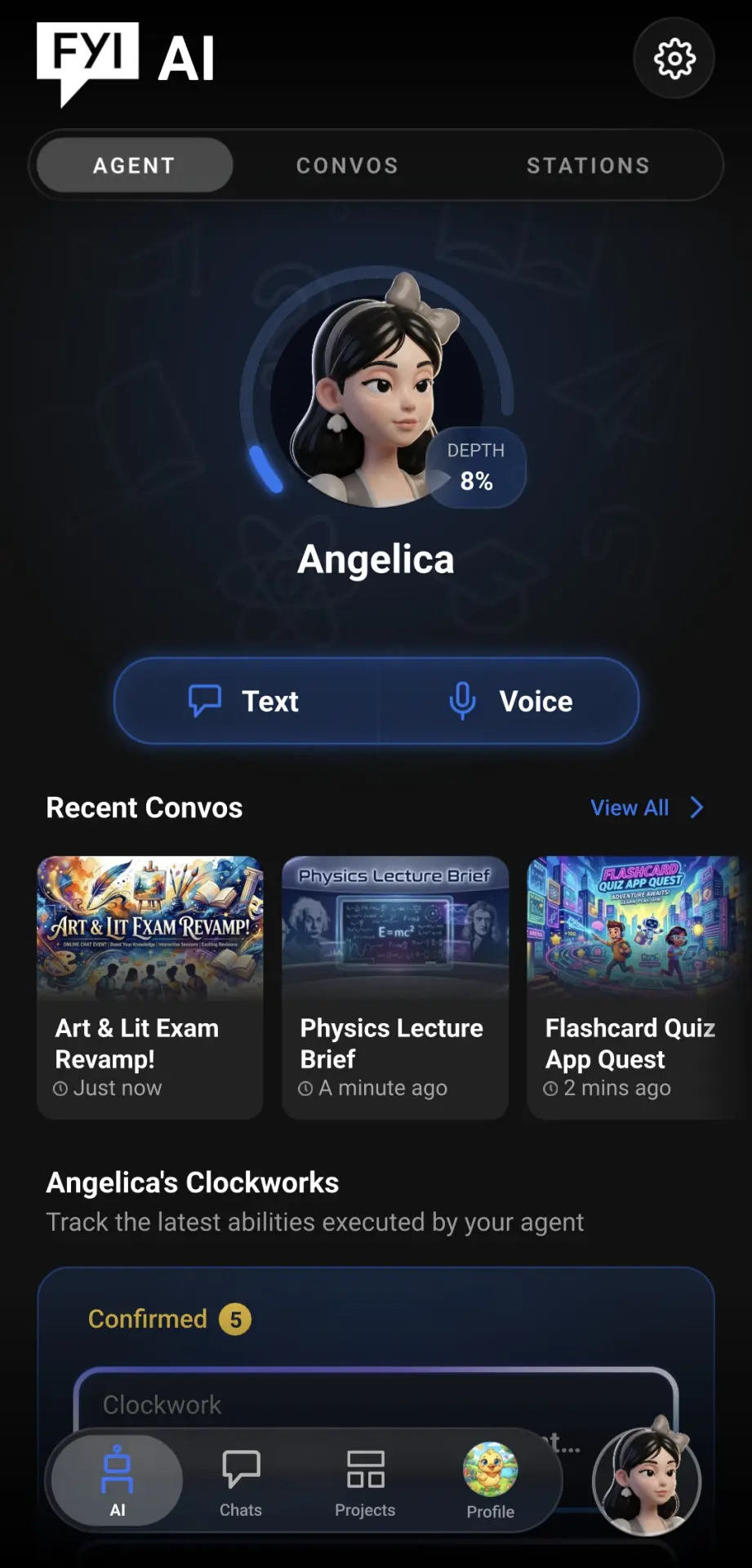 The Agent Dashboard showing your persona, its Depth, and quick actions including Complete Kickoff Convo