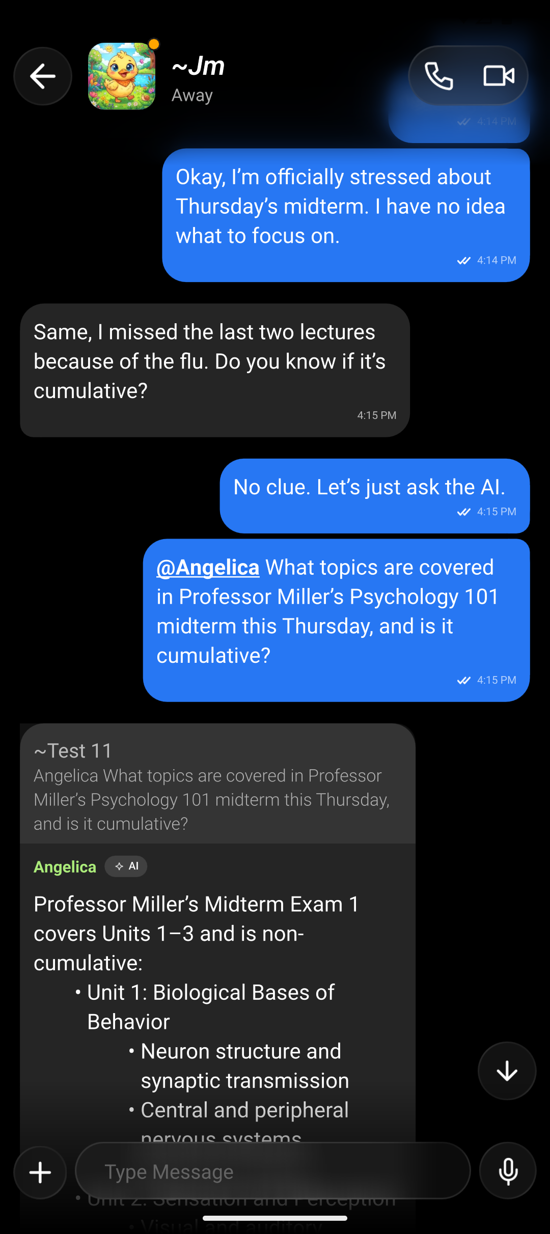 A group chat where a student mentions @Angelica, their AI agent, to ask what topics are on the Psychology 101 midterm, and the agent replies with the exam units